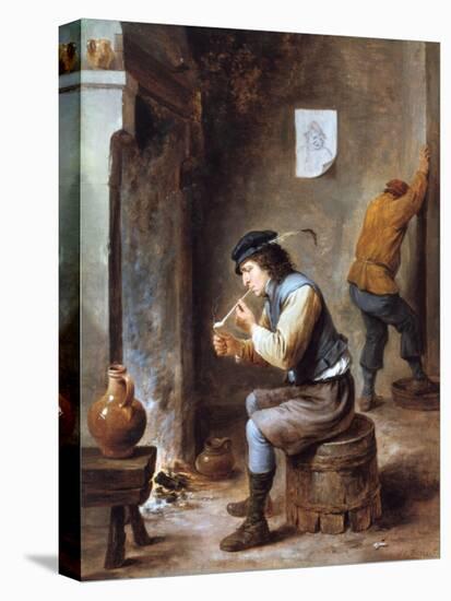 Smoker in Front of a Fire, 17th Century-David Teniers the Younger-Stretched Canvas