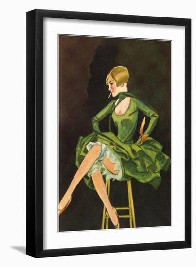 Smoking Flapper in Green Cocktail Dress-null-Framed Art Print