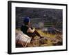 Smoking Her Pipe, a Naxi Woman Rests after Crossing a Precarious Pipe Bridge High Above the Yangtse-Amar Grover-Framed Photographic Print