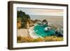 Smoky skies from a nearby wildfire turn the land orange at McWay Falls, California, USA-Logan Brown-Framed Photographic Print