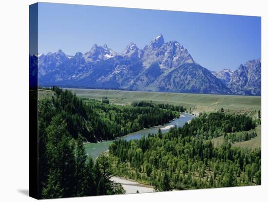 Snake River Cutting Through Terrace 2000M Below Summits, Grand Teton National Park, Wyoming, USA-Tony Waltham-Stretched Canvas