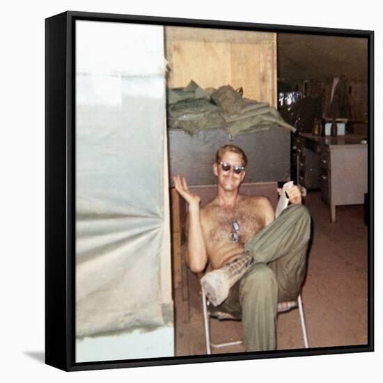 Snapshot of Vietnam War Soldier Relaxing on Base, Ca. 1970-null-Framed Stretched Canvas