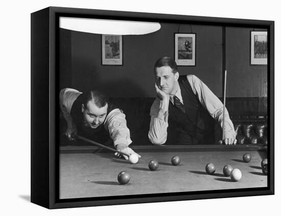 Snooker Player Prepares to Play a Shot as His Partner Looks On-null-Framed Stretched Canvas
