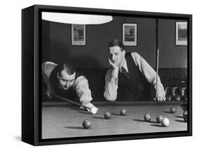 Snooker Player Prepares to Play a Shot as His Partner Looks On-null-Framed Stretched Canvas