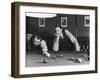 Snooker Player Prepares to Play a Shot as His Partner Looks On-null-Framed Premium Photographic Print