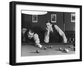 Snooker Player Prepares to Play a Shot as His Partner Looks On-null-Framed Photographic Print