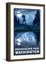 Snoqualmie Pass, Washington - Bigfoot and Mountain-Lantern Press-Framed Art Print