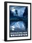 Snoqualmie Pass, Washington - Bigfoot and Mountain-Lantern Press-Framed Art Print