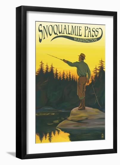 Snoqualmie Pass, Washington - Fisherman Casting-Lantern Press-Framed Art Print