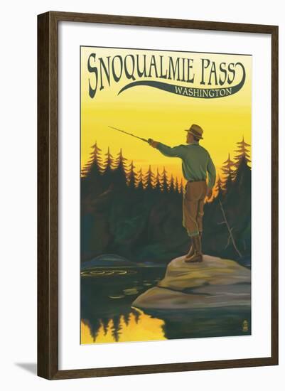 Snoqualmie Pass, Washington - Fisherman Casting-Lantern Press-Framed Art Print