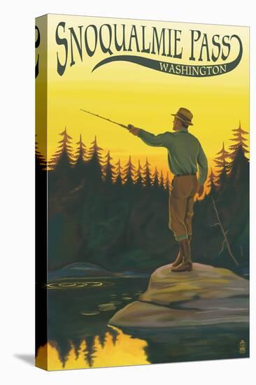 Snoqualmie Pass, Washington - Fisherman Casting-Lantern Press-Stretched Canvas