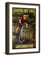 Snoqualmie Pass, Washington - Mountain Biker in Trees-Lantern Press-Framed Art Print