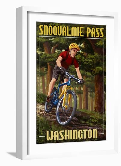 Snoqualmie Pass, Washington - Mountain Biker in Trees-Lantern Press-Framed Art Print