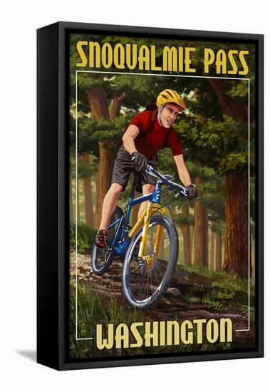 Snoqualmie Pass, Washington - Mountain Biker in Trees-Lantern Press-Framed Stretched Canvas