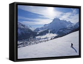 Snow-Boarder on Piste at Lech Near St. Anton Am Arlberg in Winter Snow, Austrian Alps-null-Framed Stretched Canvas