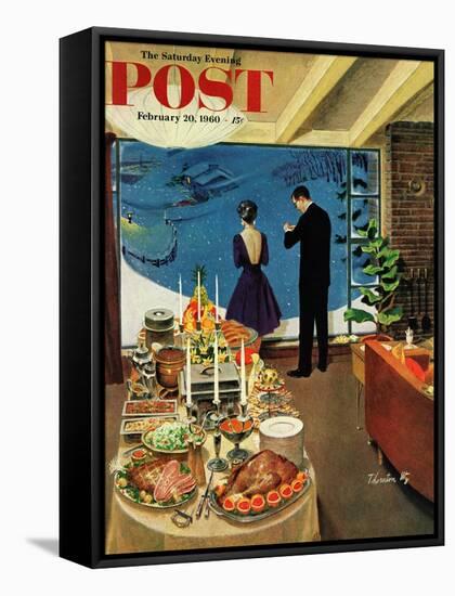 "Snow Buffet Party," Saturday Evening Post Cover, February 20, 1960-Thornton Utz-Framed Stretched Canvas