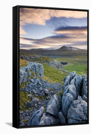 Snow Capped Ingleborough from Limestone Pavements on Twistleton Scar, Yorkshire Dales National Park-Adam Burton-Framed Stretched Canvas