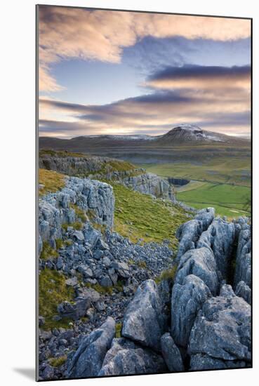 Snow Capped Ingleborough from Limestone Pavements on Twistleton Scar, Yorkshire Dales National Park-Adam Burton-Mounted Photographic Print