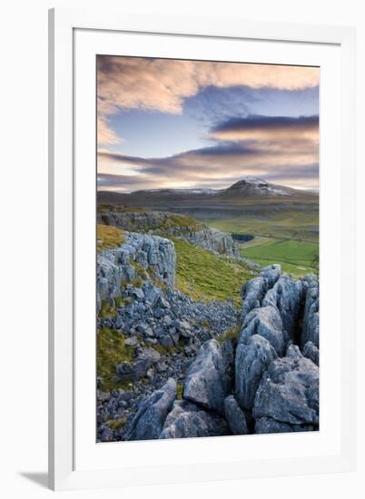 Snow Capped Ingleborough from Limestone Pavements on Twistleton Scar, Yorkshire Dales National Park-Adam Burton-Framed Photographic Print