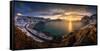 Snow covered beach at sunset, Vikbukta Bay, Vik Beach, Haukland Beach, Vestvagoya, Lofoten, Nord...-null-Framed Stretched Canvas