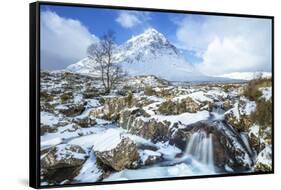 Snow covered Buachaille Etive Mor and the River Coupall, Glen Etive, Rannoch Moor, Glencoe-Neale Clark-Framed Stretched Canvas