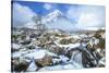 Snow covered Buachaille Etive Mor and the River Coupall, Glen Etive, Rannoch Moor, Glencoe-Neale Clark-Stretched Canvas