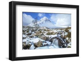 Snow covered Buachaille Etive Mor and the River Coupall, Glen Etive, Rannoch Moor, Glencoe-Neale Clark-Framed Photographic Print