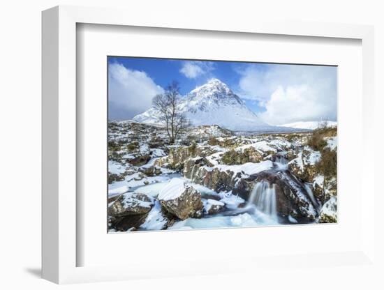 Snow covered Buachaille Etive Mor and the River Coupall, Glen Etive, Rannoch Moor, Glencoe-Neale Clark-Framed Photographic Print