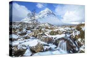 Snow covered Buachaille Etive Mor and the River Coupall, Glen Etive, Rannoch Moor, Glencoe-Neale Clark-Stretched Canvas