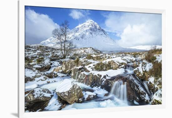 Snow covered Buachaille Etive Mor and the River Coupall, Glen Etive, Rannoch Moor, Glencoe-Neale Clark-Framed Photographic Print