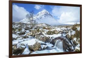 Snow covered Buachaille Etive Mor and the River Coupall, Glen Etive, Rannoch Moor, Glencoe-Neale Clark-Framed Photographic Print