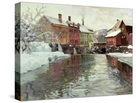 Snow-Covered Buildings by a River-Fritz Thaulow-Stretched Canvas