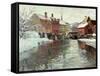 Snow-Covered Buildings by a River-Fritz Thaulow-Framed Stretched Canvas