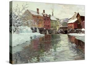 Snow-Covered Buildings by a River-Fritz Thaulow-Stretched Canvas
