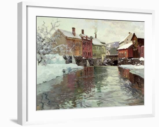Snow-Covered Buildings by a River-Fritz Thaulow-Framed Giclee Print