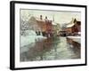 Snow-Covered Buildings by a River-Fritz Thaulow-Framed Giclee Print