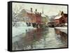 Snow-Covered Buildings by a River-Fritz Thaulow-Framed Stretched Canvas