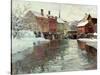 Snow-Covered Buildings by a River-Fritz Thaulow-Stretched Canvas