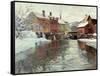 Snow-Covered Buildings by a River-Fritz Thaulow-Framed Stretched Canvas