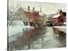 Snow-Covered Buildings by a River-Fritz Thaulow-Stretched Canvas