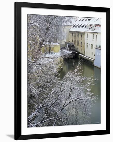 Snow-Covered Certovka Canal and Water Wheel at Kampa Island, Czech Republic, Europe-Richard Nebesky-Framed Photographic Print