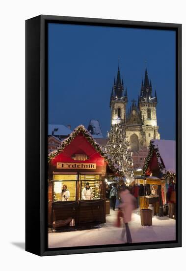 Snow-Covered Christmas Market and Tyn Church, Old Town Square, Prague, Czech Republic, Europe-Richard Nebesky-Framed Stretched Canvas