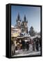 Snow-Covered Christmas Market and Tyn Church, Old Town Square, Prague, Czech Republic, Europe-Richard Nebesky-Framed Stretched Canvas