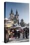 Snow-Covered Christmas Market and Tyn Church, Old Town Square, Prague, Czech Republic, Europe-Richard Nebesky-Stretched Canvas