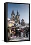 Snow-Covered Christmas Market and Tyn Church, Old Town Square, Prague, Czech Republic, Europe-Richard Nebesky-Framed Stretched Canvas