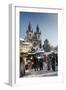 Snow-Covered Christmas Market and Tyn Church, Old Town Square, Prague, Czech Republic, Europe-Richard Nebesky-Framed Photographic Print