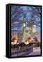 Snow-Covered Christmas Market and Tyn Church, Old Town Square, Prague, Czech Republic, Europe-Richard Nebesky-Framed Stretched Canvas