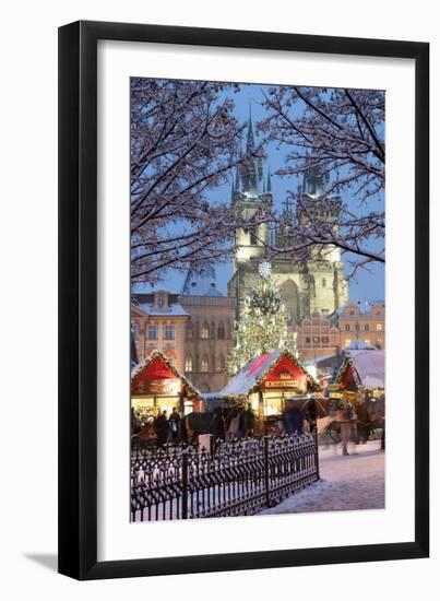 Snow-Covered Christmas Market and Tyn Church, Old Town Square, Prague, Czech Republic, Europe-Richard Nebesky-Framed Photographic Print