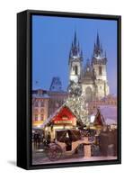 Snow-Covered Christmas Market and Tyn Church, Old Town Square, Prague, Czech Republic, Europe-Richard Nebesky-Framed Stretched Canvas