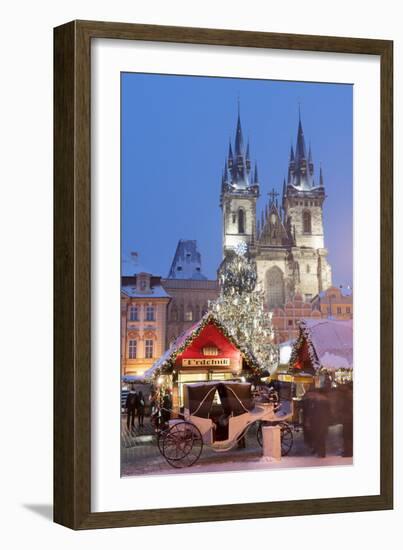 Snow-Covered Christmas Market and Tyn Church, Old Town Square, Prague, Czech Republic, Europe-Richard Nebesky-Framed Photographic Print